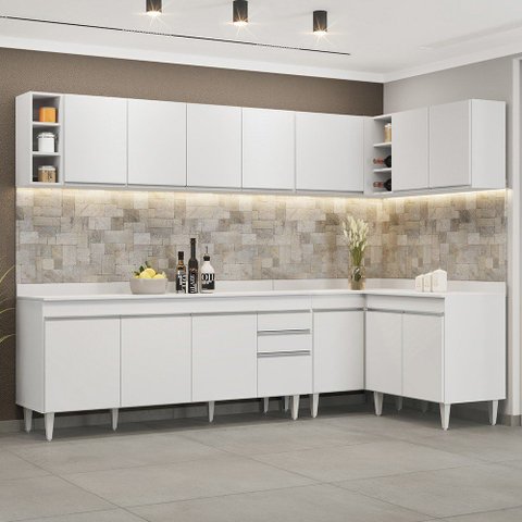 Armário de Cozinha Modulado de Canto 7 Peças Cp35 Balcão com Tampo Branco - Lumil Lumil Móveis