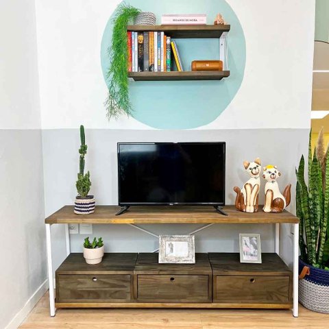 Rack de Tv Industrial de Ferro e Madeira Style Square 3 Nichos Uno com Gaveta Tabaco e Branco