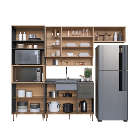 Armario de Cozinha Modulada 4 Peças com Nicho Decorativo 280cm Isabelle Delmarco