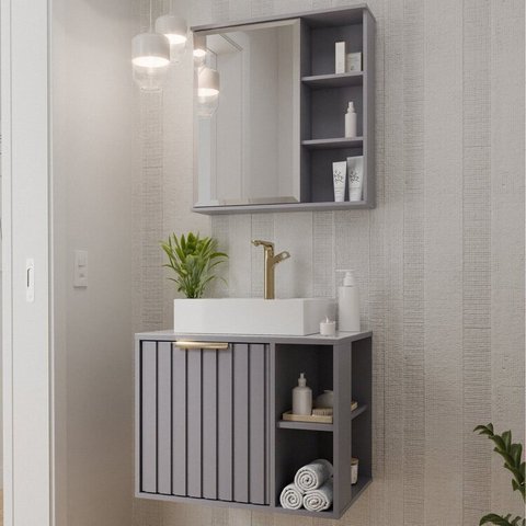 Gabinete Suspenso Banheiro Noruega 60cm com Cuba e Espelheira Treviso Cinza/Platina