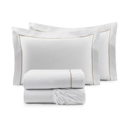 Jogo de Cama Solteiro de Algodão 200 Fios Liso Branco com Detalhe em Dourado 3 Peças - 3