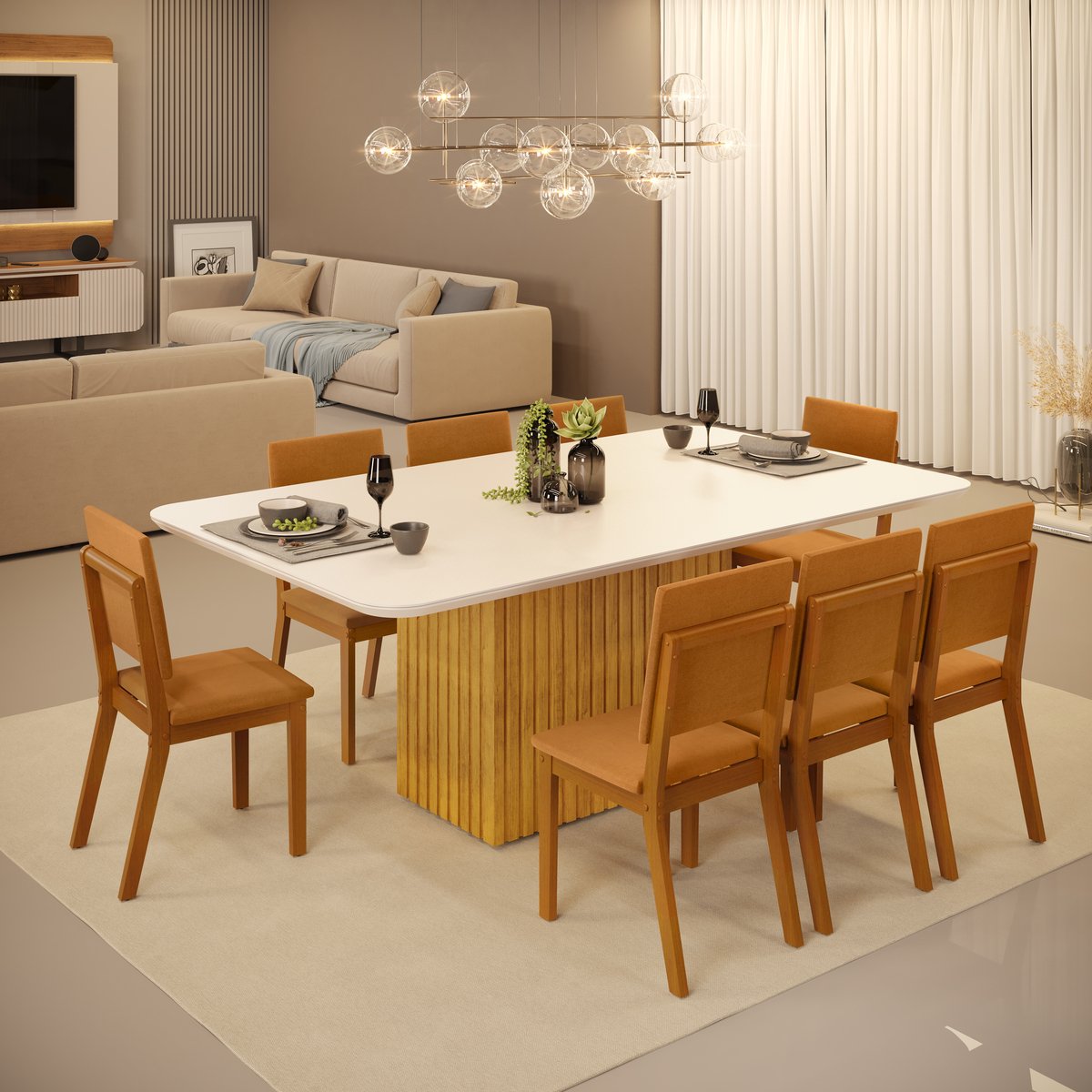 Mesa de Jantar Retangular 8 Lugares Canes 200x100cm Cedro Off White Dj ...