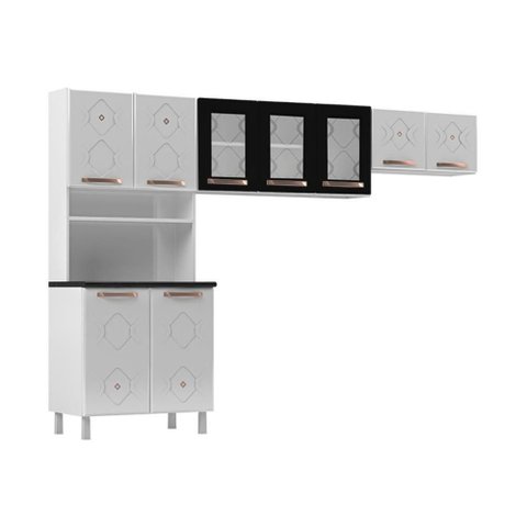 Armário de Cozinha Compacta Aço 3 Peças com Vidros Multimóveis Cr20350 Branco-preto