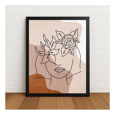 Quadro Minimalista Feminino com Flores c/ Moldura e Vidro