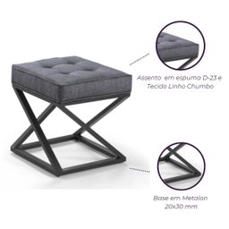 Puff Quadrado Estilo Industrial de Linho - Chumbo - 4