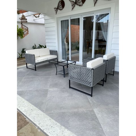 Conjunto de Sofá Bahamas Em Corda Náutica em Tela - 1 Sofá + 2 Poltronas + Mesa centro - Tecido Duna