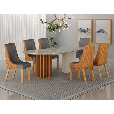 Conjunto Jantar 6 Cadeiras Maciça 2x1 Pilar Vdc- Arbo Design Cinamomo Off White , Linho Chumbo