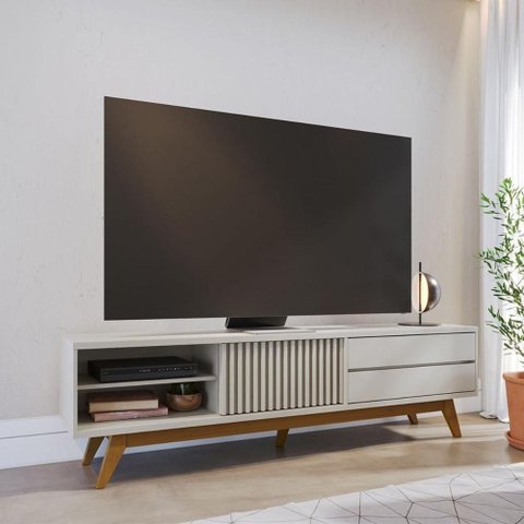 Rack para TV até 75 Polegadas 1 Porta de Correr e 2 Gavetas Retrô Multimóveis Crcol-RCK035 Off White