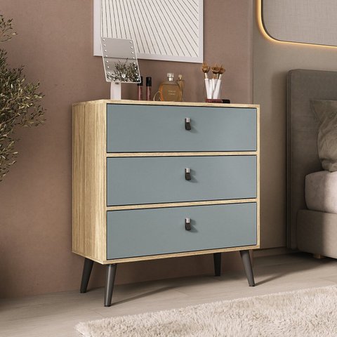 Cômoda com 3 Gavetas para Quarto Pés Palito Bege/Amêndoa/Acqua