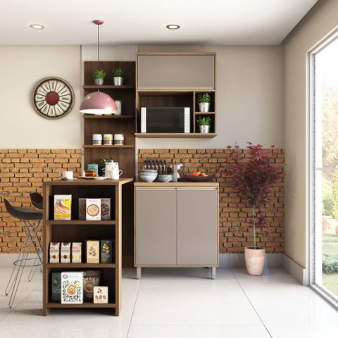 Cozinha Compacta 4 Peças com Bancada Mesa Gourmet Armário com Nicho Balcão 80cm Mel Luciane Móveis