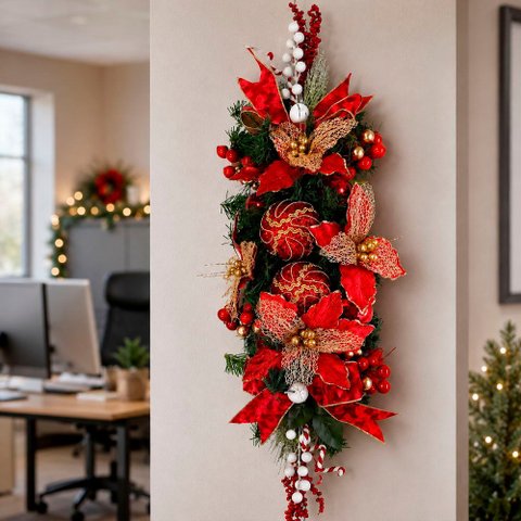 Arranjo Natalino Parede Decoração Enfeite Bolas Flores 90cm