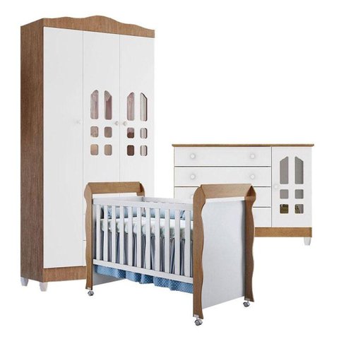 Quarto de Bebê New Selena 3 Portas com Cômoda Selena e Berço Mirelle Branco Acetinado Amadeirado
