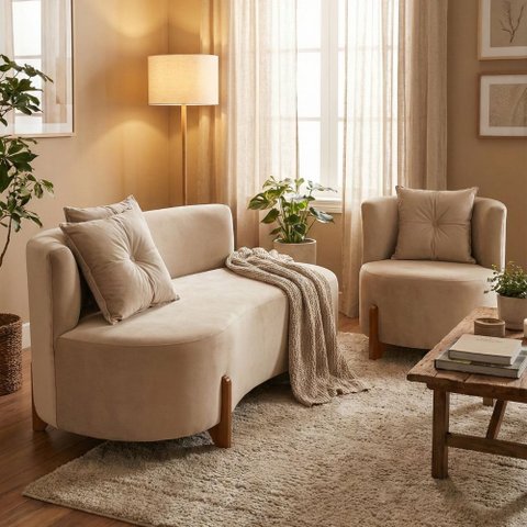 Conjunto 01 Poltrona + Sofá Curvo Orgânico Veludo Bege - Montanaris Decor