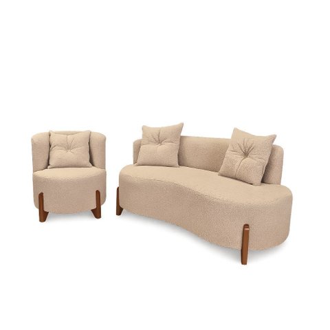 Conjunto 01 Poltrona + Sofá Curvo Orgânico Veludo Bege - Montanaris Decor