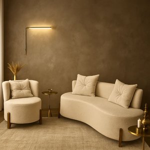 Conjunto 01 Poltrona + Sofá Curvo Orgânico Veludo Bege - Montanaris Decor