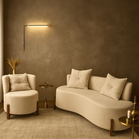 Conjunto 01 Poltrona + Sofá Curvo Orgânico Veludo Bege - Montanaris Decor
