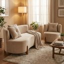 Ver imagem 4 de Conjunto 01 Poltrona + Sofá Curvo Orgânico Veludo Bege - Montanaris Decor