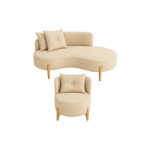 Conjunto 01 Poltrona + Sofá Curvo Orgânico Veludo Bege - Montanaris Decor