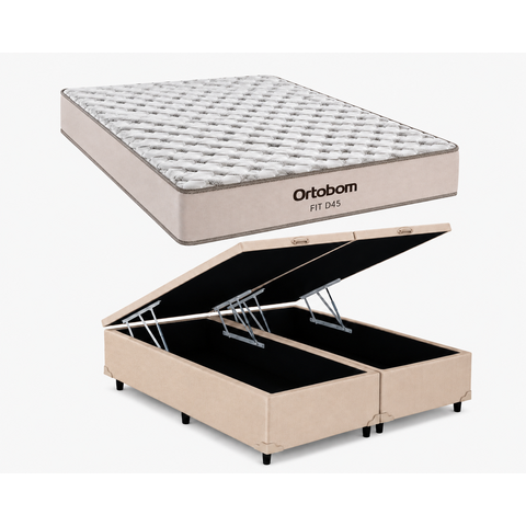 Cama Box Bau Casal Bipartido Bege Colchão Fit D45 Espuma 138x188 - Ortobom