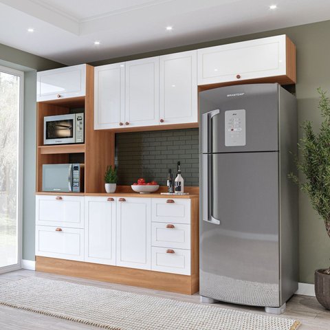 Cozinha Pérola 270cm com Rodapé e Tampo 4 Peças Branco/Freijó Yescasa