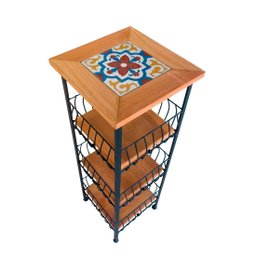 Fruteira de Ferro e Madeira Grande 3 Andares com Ladrilho Hidráulico Artesanal Minas Fer Caf3a A1 - 1