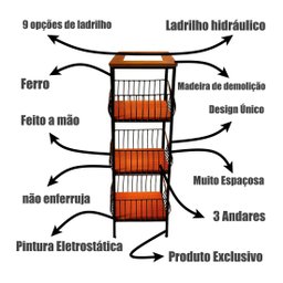 Fruteira de Ferro e Madeira Grande 3 Andares com Ladrilho Hidráulico Artesanal Minas Fer Caf3a A1 - 7