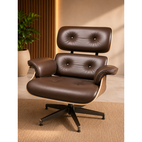 Poltrona Charles Eames com Puff - Couro Capuccino 373 - Pau-Ferro