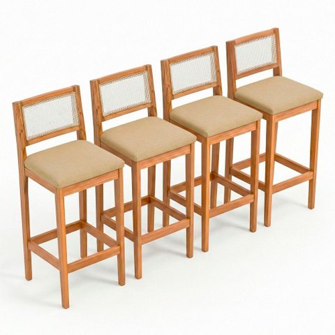 Kit 04 Banquetas Altas Brunella 99cm com Encosto Telinha Estilo Palha Linho Palha - Abmaza