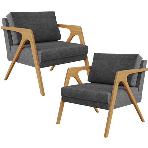 Kit 2 Poltrona Decorativa para Sala Pietra Estrutura de Madeira L02 Linho Cinza Escuro - Lyam