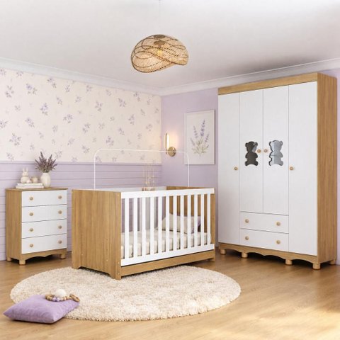 Quarto de Bebê Completo com Berço Americano 3 em 1 e Colchão Incluso Flor Multimóveis MP4930