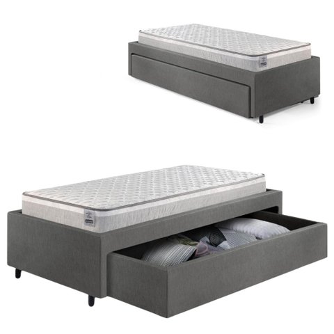 Base Box Cama Solteirão Sapateira Courino Linho Cinza e Colchão Hanover Inducol 96x203