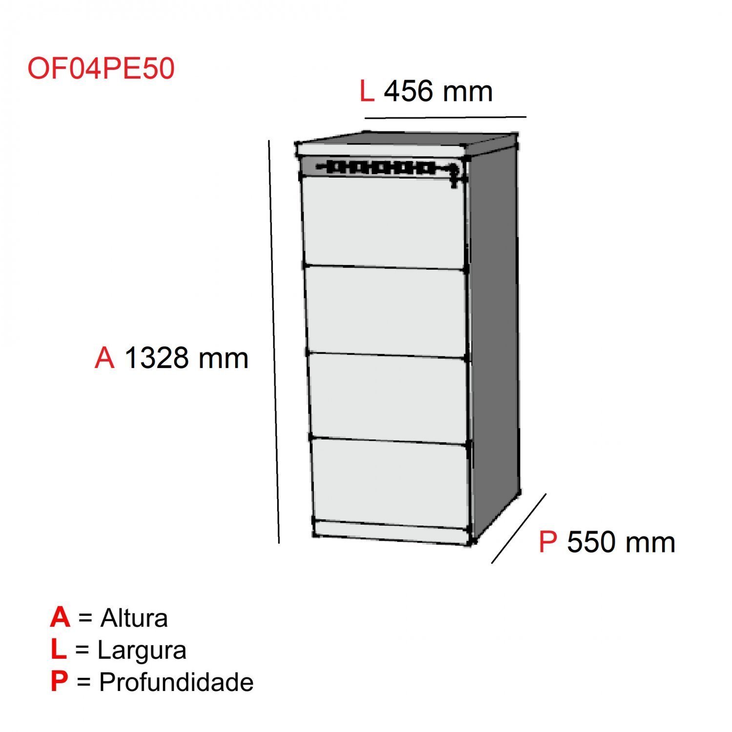 Gaveteiro Arquivo para Escritório 4 Gavetas com Chave Pe50  - 3