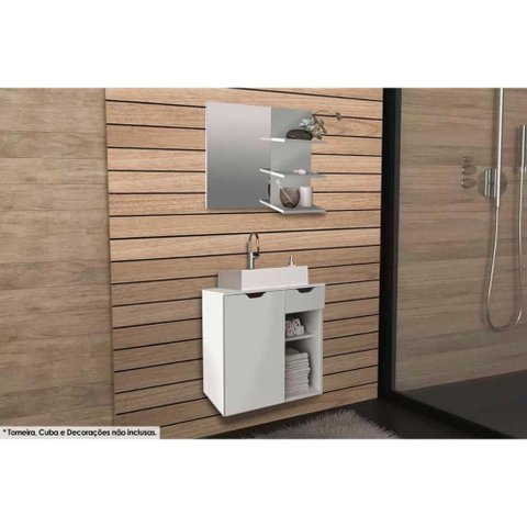 Armário C/ Balcão Banheiro Suspenso Bn3605 S/ Cuba 60cm e Espelho Bn3608 Branco - Tecno Mobili