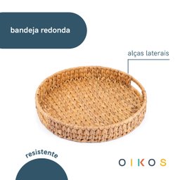 Bandeja Decorativa 38cm Redonda com Alças de Palha Fibra Natural - Oikos - 5