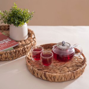 Bandeja Decorativa 38cm Redonda com Alças de Palha Fibra Natural - Oikos