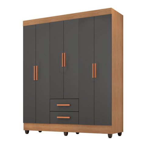 Roupeiro Lite 6 Portas 2 Gavetas Guarda-roupa Casal - Nature / Cinza