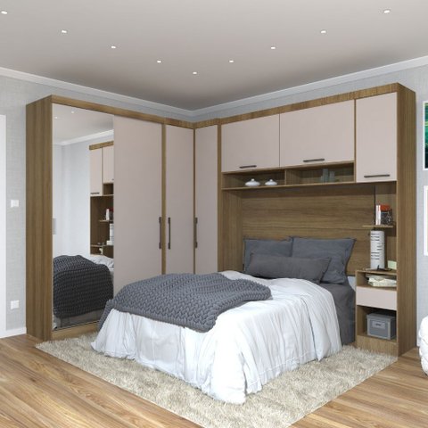 Quarto Modulado Casal de Canto com Espelho 6 Peças 7 Portas Paris Luciane