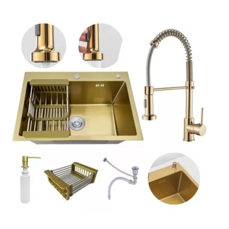 Kit Cuba Aço Inox Gourmet Quadrada Cozinha e Torneira Flexivel Dourada Brinovar