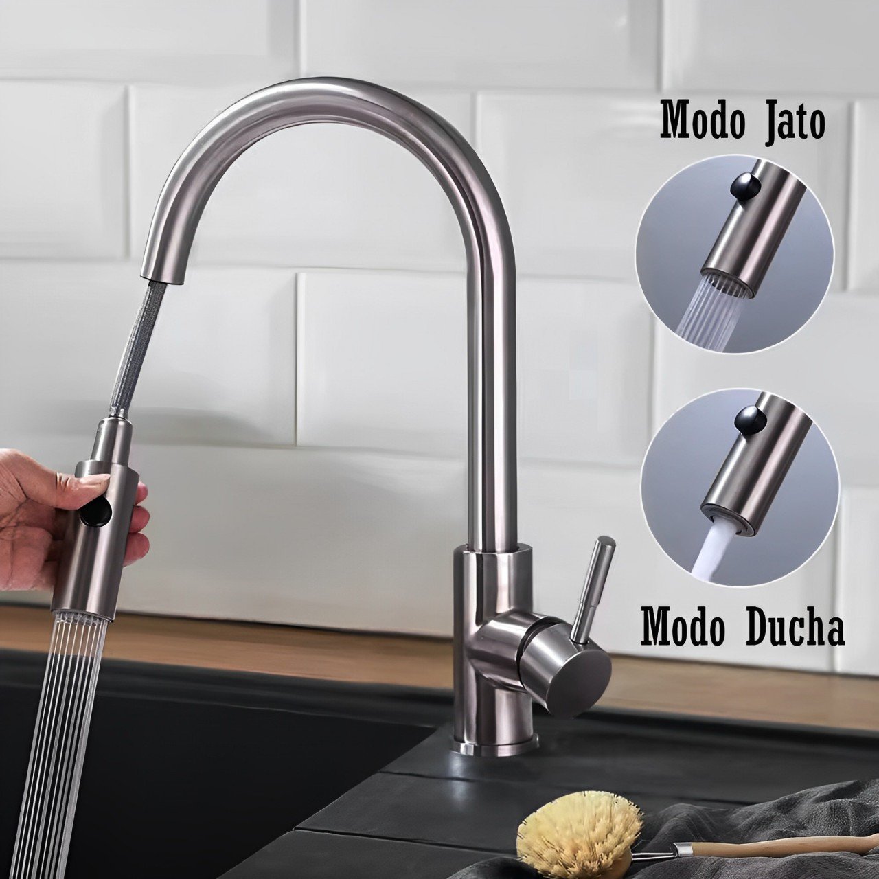 Torneira de Cozinha Gourmet com Bica Extensível Bancada e Jato Ducha Inox - 2