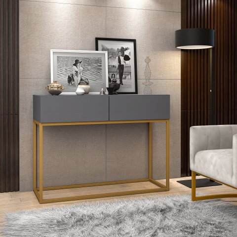 Aparador Buffet Bancada Eros 90cm Cinza Estilo Industrial 2 Gavetas Pés de Aço Dourado para Sala