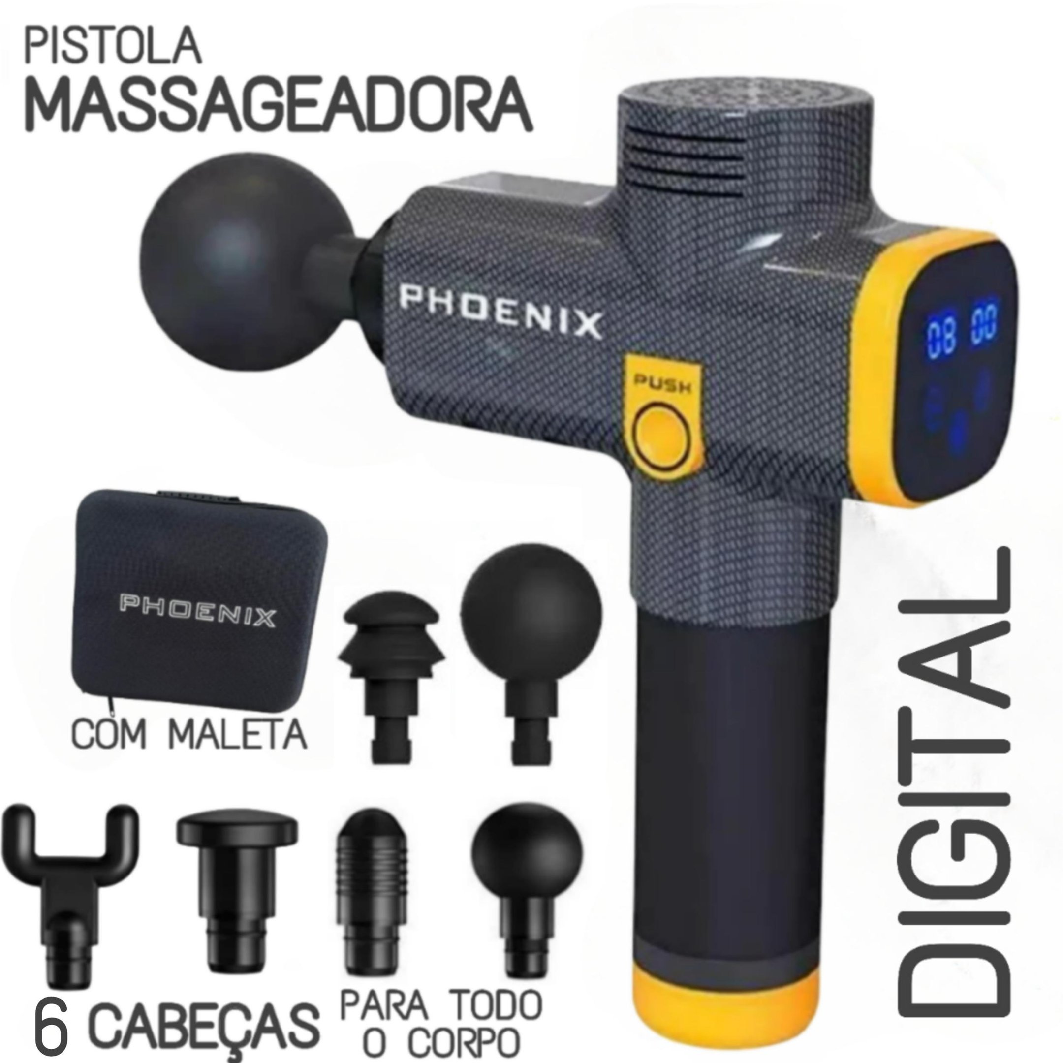 Massageador Pistola Terapia Phoenix A2 Digital 6c - Amarelo - 7