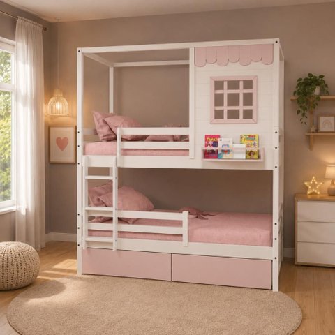 Beliche Infantil Casinha Reta 02 Gavetas Rosa e Grade Removível Madeira Maciça Branco/ Rosa