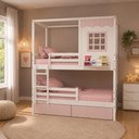 Ver imagem 1 de Beliche Infantil Casinha Reta 02 Gavetas Rosa e Grade Removível Madeira Maciça Branco/ Rosa