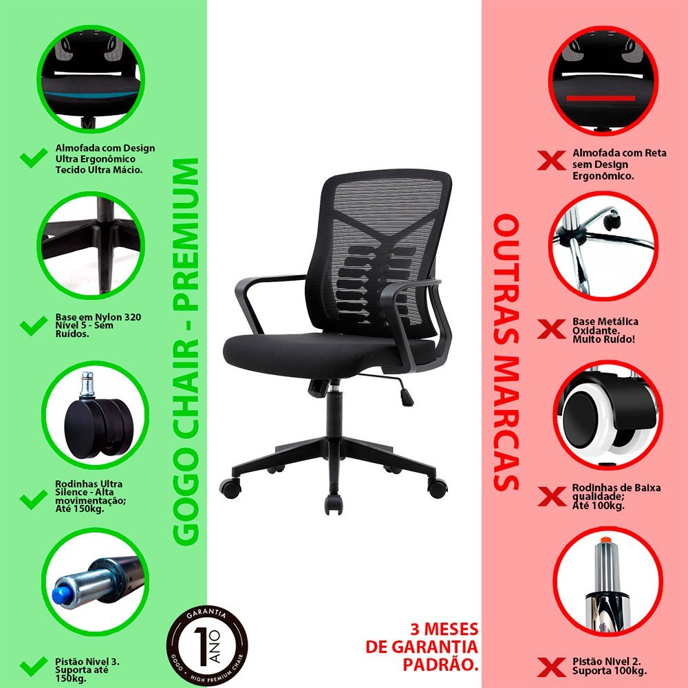 Cadeira Secretária Escritório Ergonômica Gogo Chair Go-001 Preta - 9