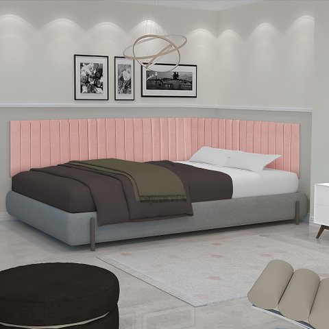 Conjunto de Cabeceira Viuva Solteirão Palito Estofado Suspensa com Proteção Lateral - 128 Cm - Rose