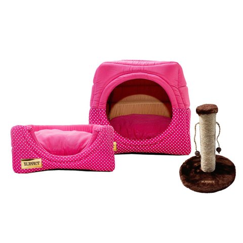 Cama Iglu e Toca para Gato Luppet com Arranhador Rosa Poa - M