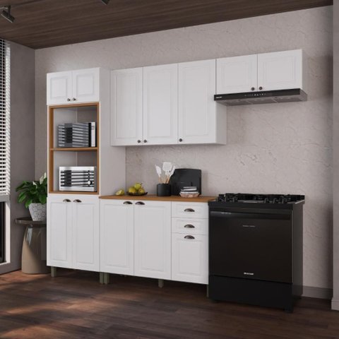 Cozinha Compacta Modulada Nara 12 Portas 2 Gavetas MDF 270cm Branco Fidelita Móveis