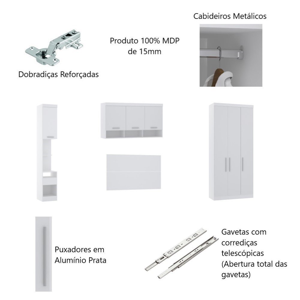 Guarda Roupa Dormitório Modulado Alpes Casal 1,58 m Queen - Roupeiro Luciane M05:Branco - 3