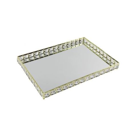 Bandeja Decorativa Retangular Dourado Cristal com Espelho 40cm Kv0248 Btc