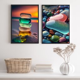 Kit 2 Quadros Pedras Coloridas- Ilha de Creta 45x34cm - com Vidro:madeira Preta - 2 Kit 2 Quadros Pedras Coloridas- Ilha de Creta 45x34cm - com Vidro:madeira Preta - 2